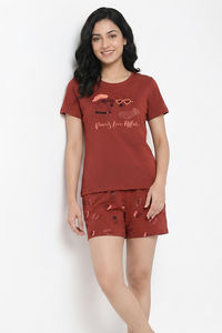 Zivame Farm Lore Knit Cotton Short Set - Burnt Brick — thumbnail 4